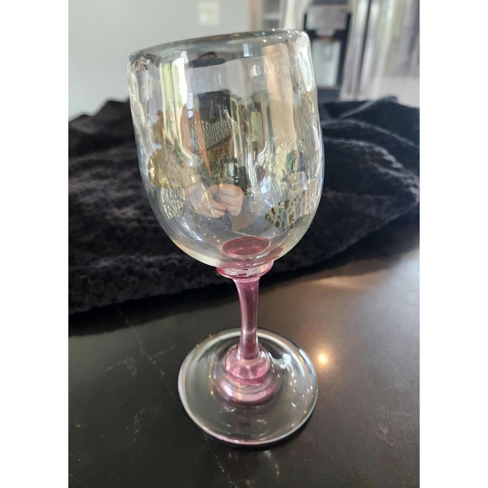 Hand Blown Art Glass Goblet Pink Stem Gold Leaf Slanted Wine Glass Vintage